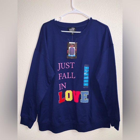 feeling festive Sweaters - NWT Navy blue fuzzy letter crewneck sweater
